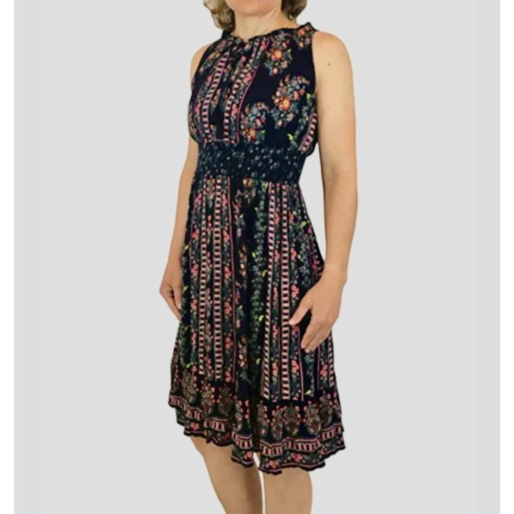 BILA Boho Midi Dress Womens Large Navy Floral Smocked Tasseled Peasant Folk